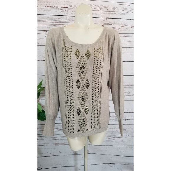 JOSEPH A. Aztec Boho Pullover Sweater Silk Blend Studded Sz Large - Picture 1 of 7